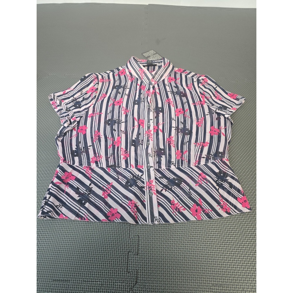 Alfani 100% Pure Silk Blouse 12P Petite Pink Navy Blue Floral Striped Button Up